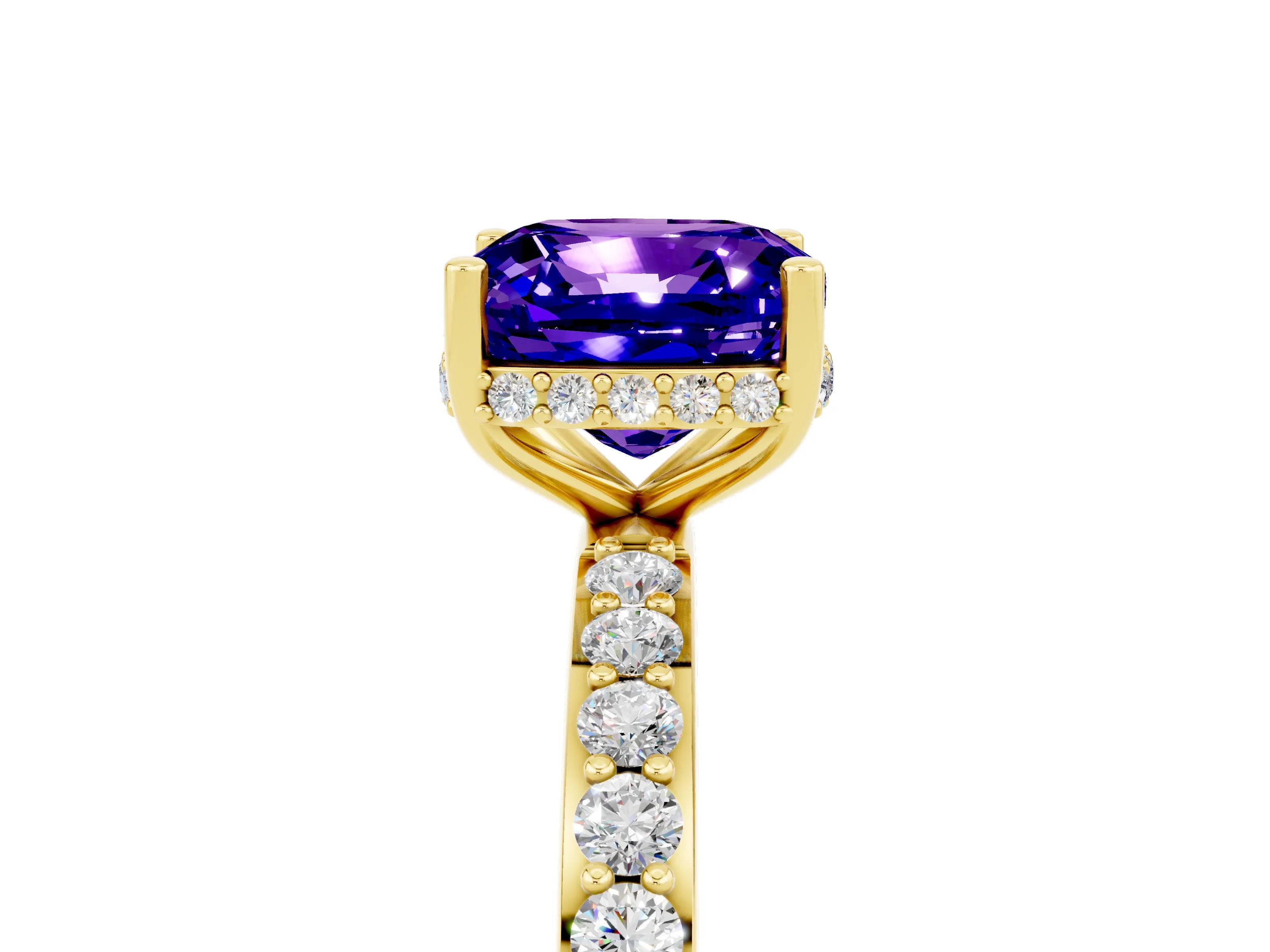 Yellow gold Cushion Cut Tanzanite Solitaire Ring with Pavé Band and Hidden Halo_17