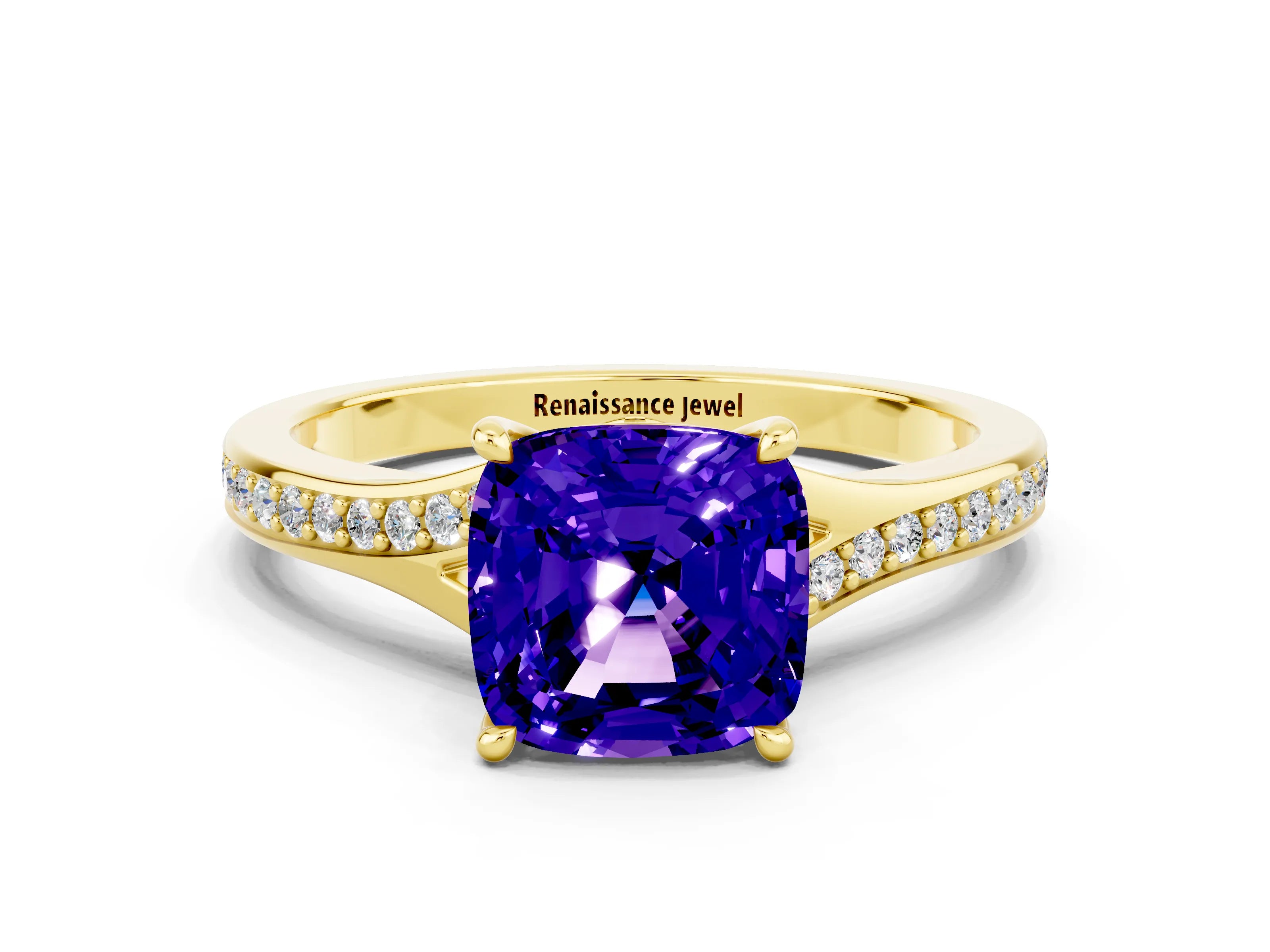 Yellow gold Cushion Cut Tanzanite Solitaire Ring with Pavé Band and Prong Setting
