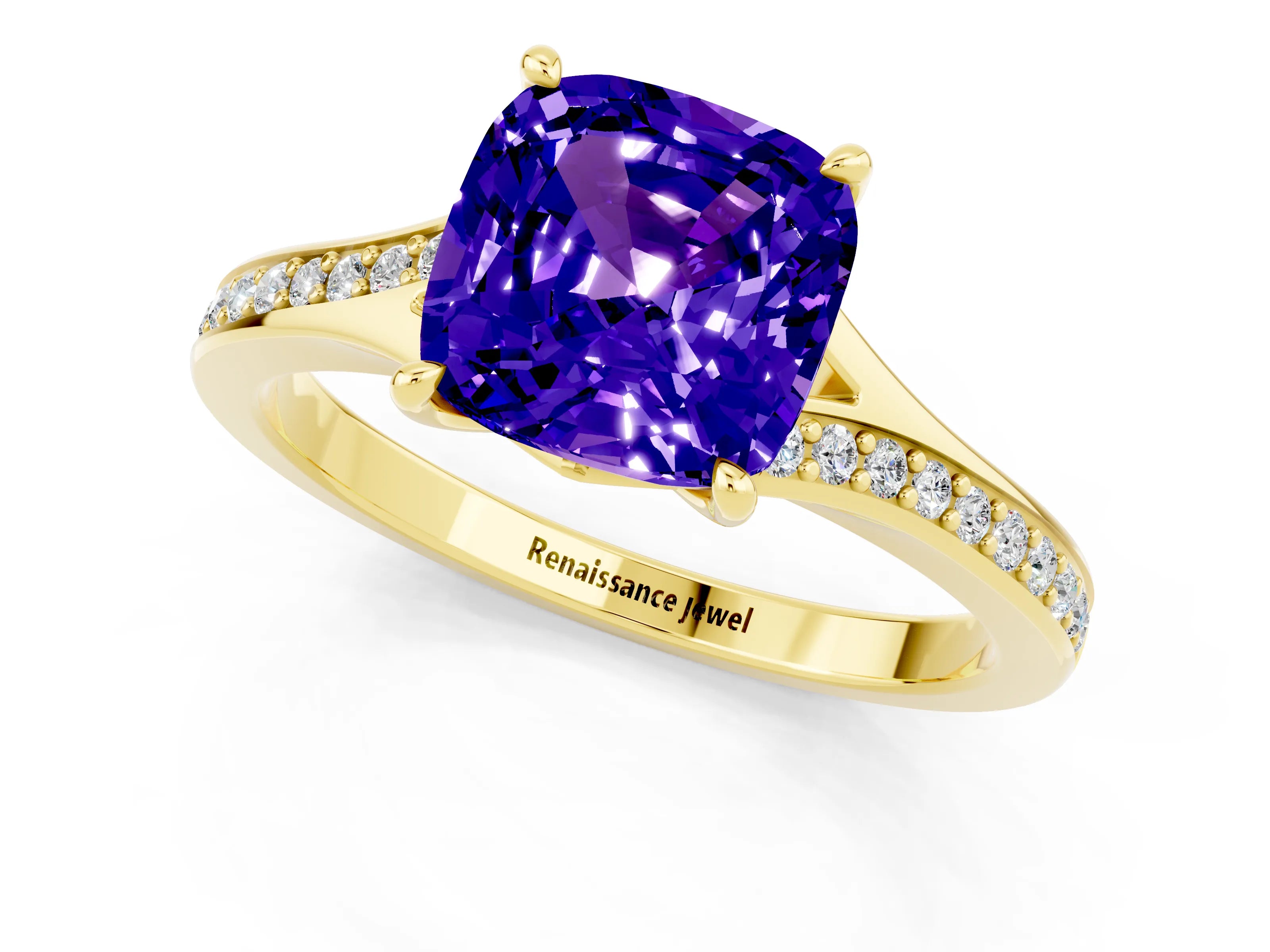 Yellow gold Cushion Cut Tanzanite Solitaire Ring with Pavé Band and Prong Setting_1