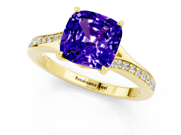 Yellow gold Cushion Cut Tanzanite Solitaire Ring with Pavé Band and Prong Setting