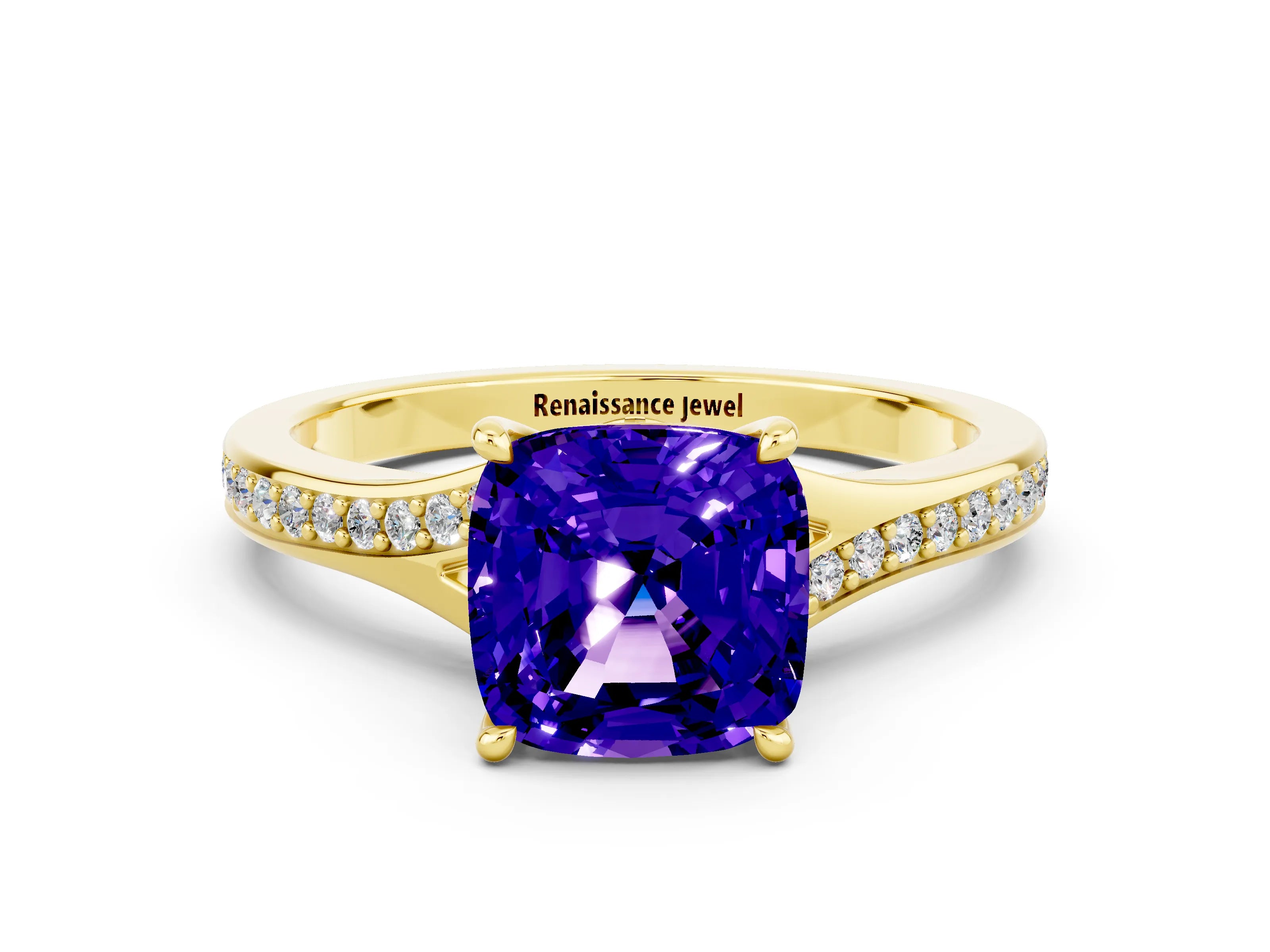 Yellow gold Cushion Cut Tanzanite Solitaire Ring with Pavé Band and Prong Setting_12