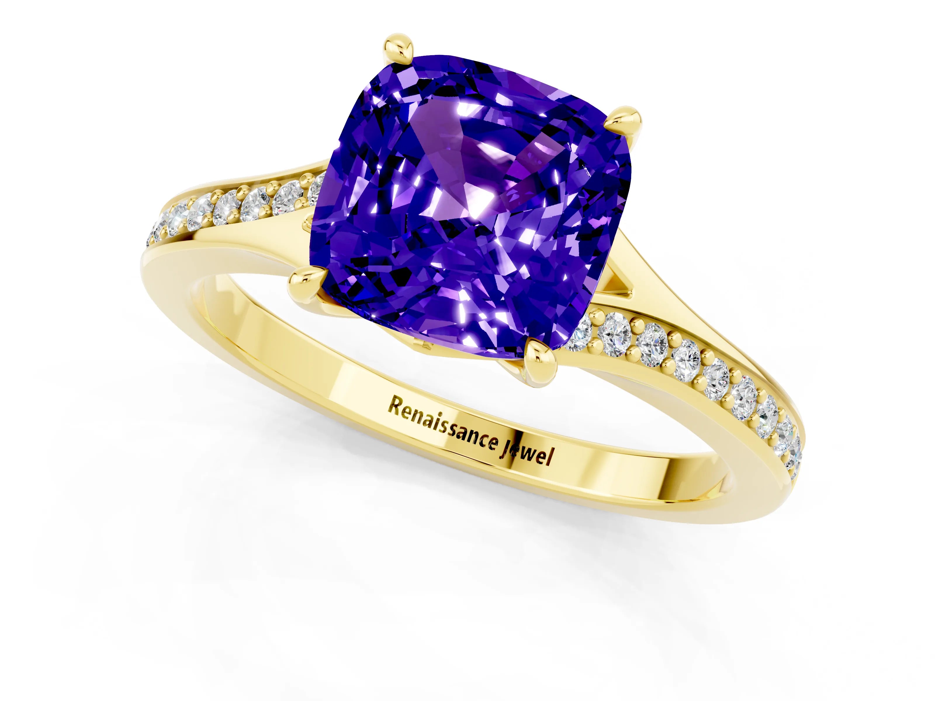 Yellow gold Cushion Cut Tanzanite Solitaire Ring with Pavé Band and Prong Setting_13