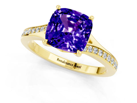 Yellow gold Cushion Cut Tanzanite Solitaire Ring with Pavé Band and Prong Setting_13