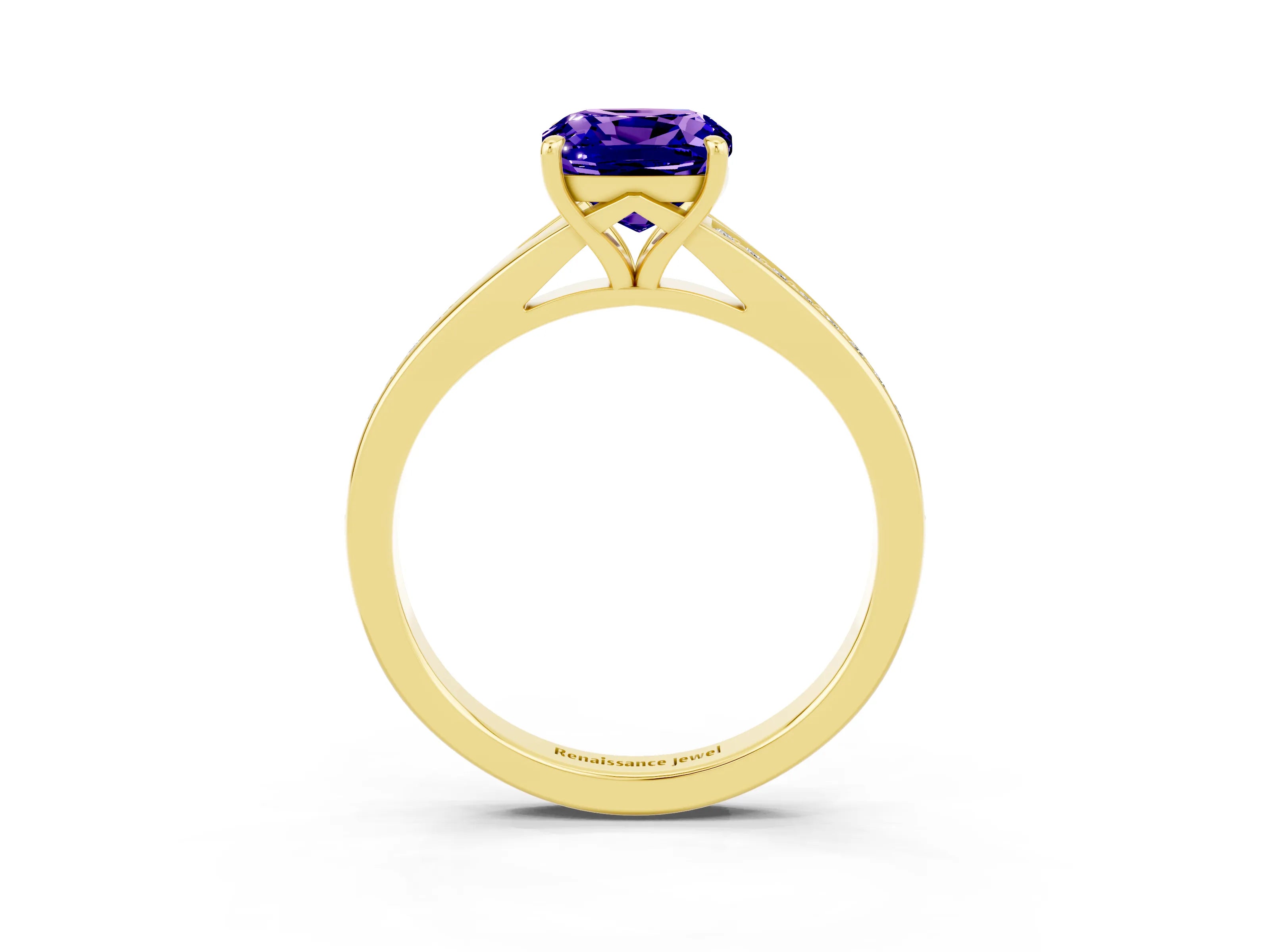 Yellow gold Cushion Cut Tanzanite Solitaire Ring with Pavé Band and Prong Setting_15