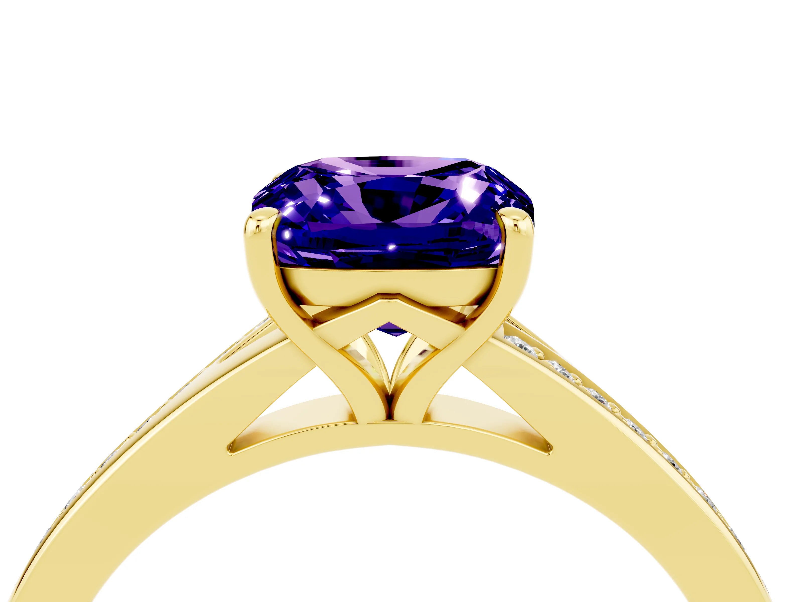 Yellow gold Cushion Cut Tanzanite Solitaire Ring with Pavé Band and Prong Setting_16