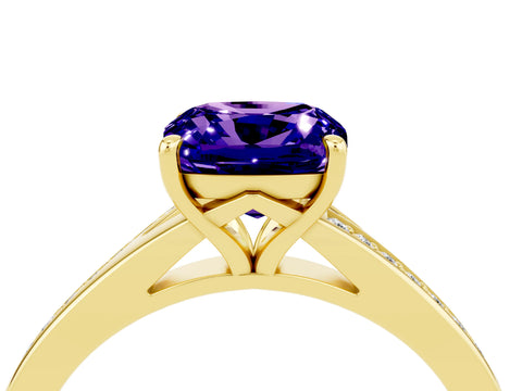 Yellow gold Cushion Cut Tanzanite Solitaire Ring with Pavé Band and Prong Setting_16