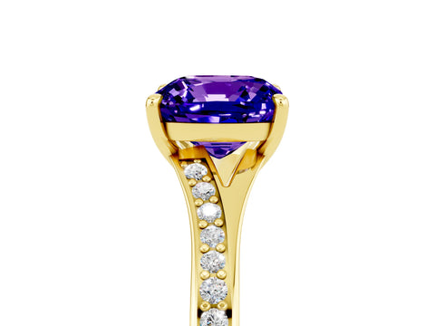 Yellow gold Cushion Cut Tanzanite Solitaire Ring with Pavé Band and Prong Setting_17