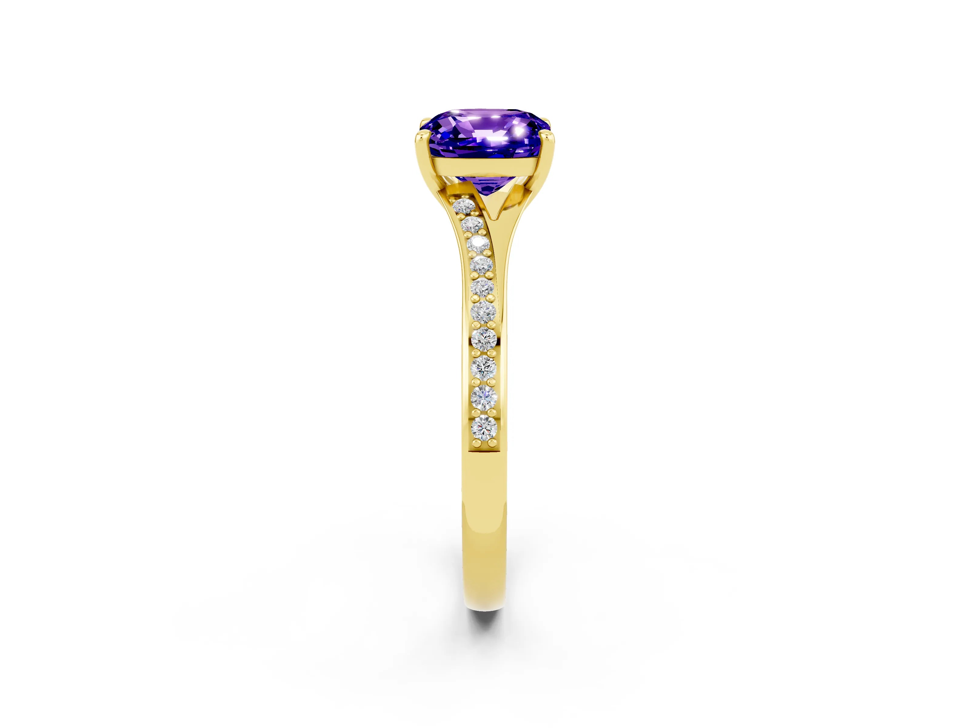 Yellow gold Cushion Cut Tanzanite Solitaire Ring with Pavé Band and Prong Setting_2