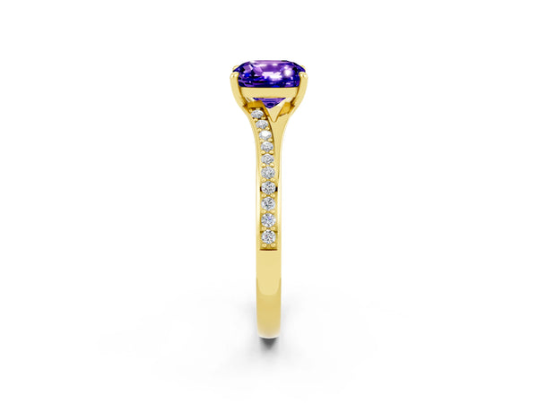 Yellow gold Cushion Cut Tanzanite Solitaire Ring with Pavé Band and Prong Setting