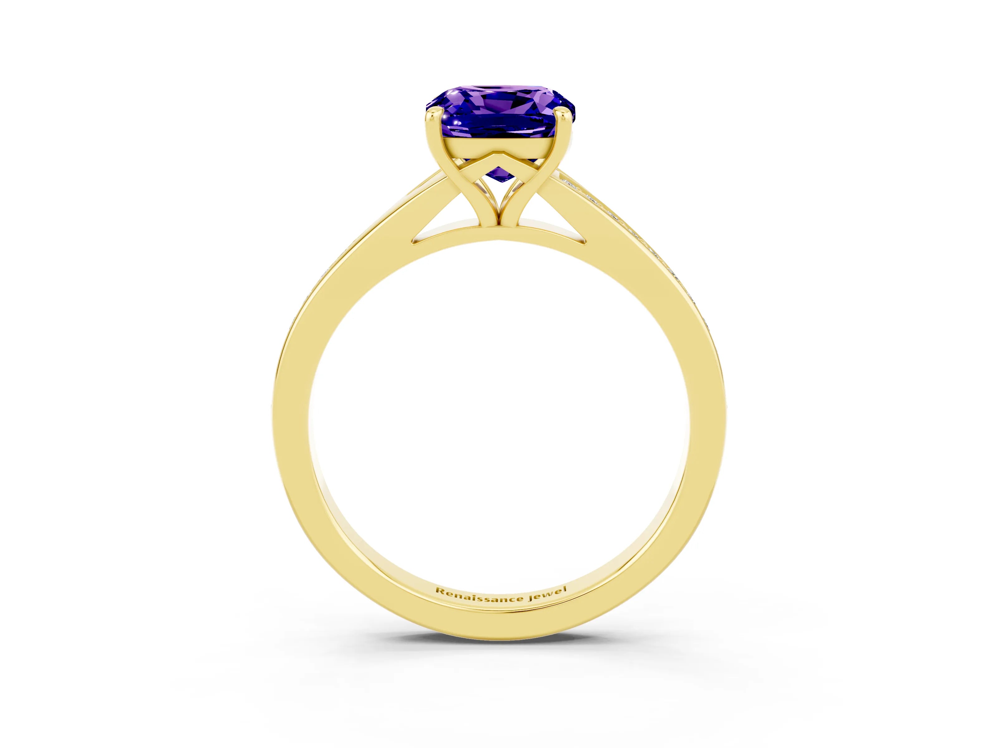 Yellow gold Cushion Cut Tanzanite Solitaire Ring with Pavé Band and Prong Setting_3