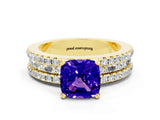 Yellow gold Cushion Cut Tanzanite Solitaire Ring with Pavé and Channel Set Band