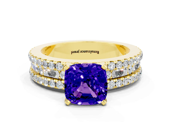 Yellow gold Cushion Cut Tanzanite Solitaire Ring with Pavé and Channel Set Band