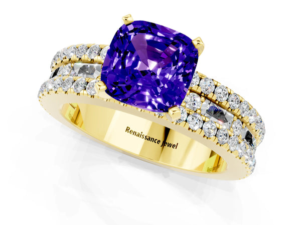 Yellow gold Cushion Cut Tanzanite Solitaire Ring with Pavé and Channel Set Band
