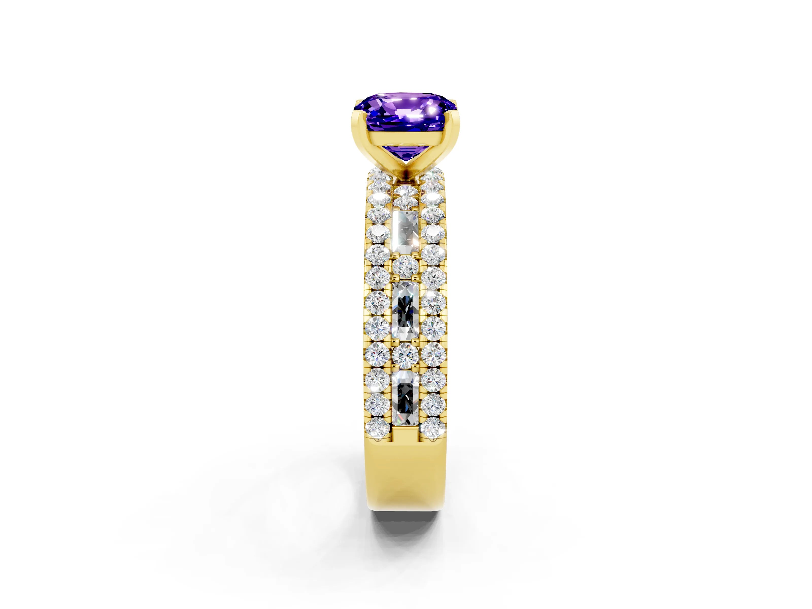 Yellow gold Cushion Cut Tanzanite Solitaire Ring with Pavé and Channel Set Band_2