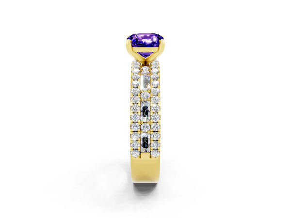 Yellow gold Cushion Cut Tanzanite Solitaire Ring with Pavé and Channel Set Band