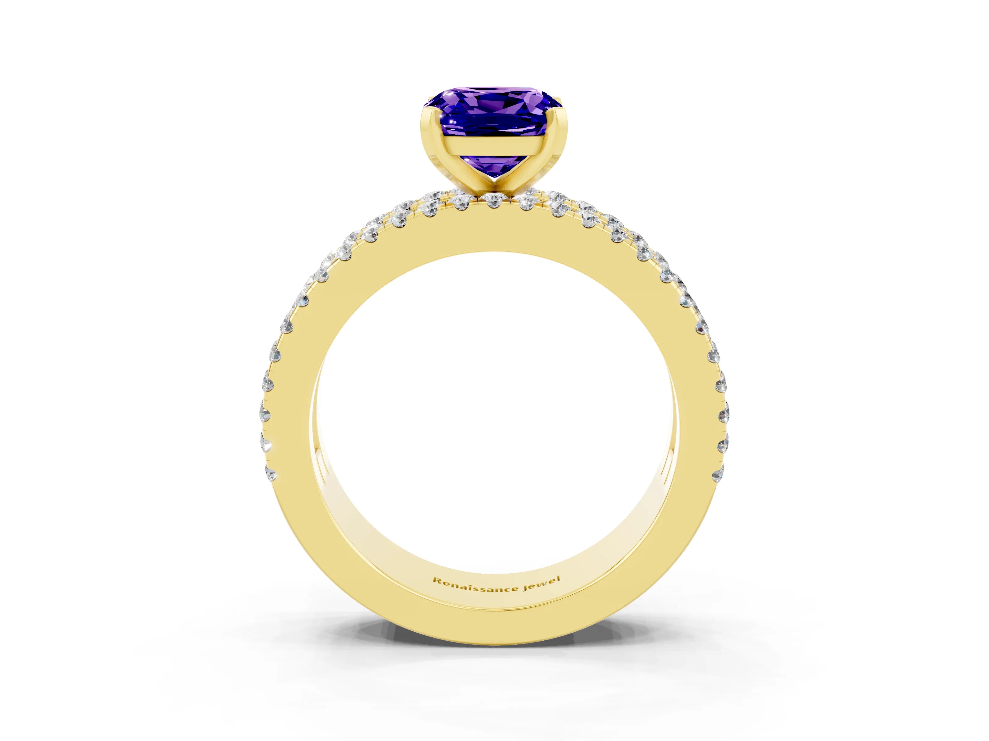 Yellow gold Cushion Cut Tanzanite Solitaire Ring with Pavé and Channel Set Band_3