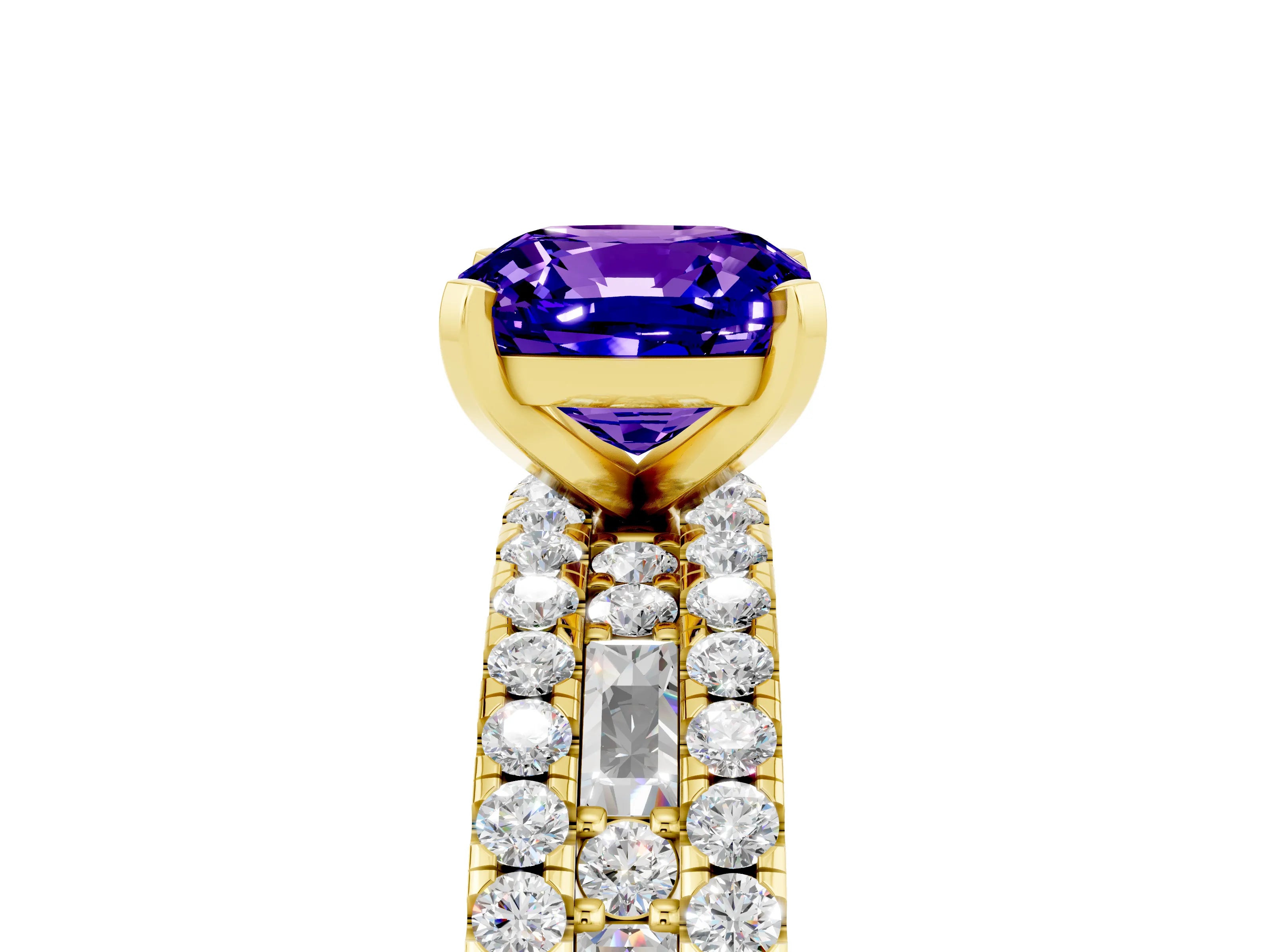 Yellow gold Cushion Cut Tanzanite Solitaire Ring with Pavé and Channel Set Band_5
