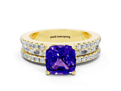 Yellow gold Cushion Cut Tanzanite Solitaire Ring with Pavé and Channel Set Band