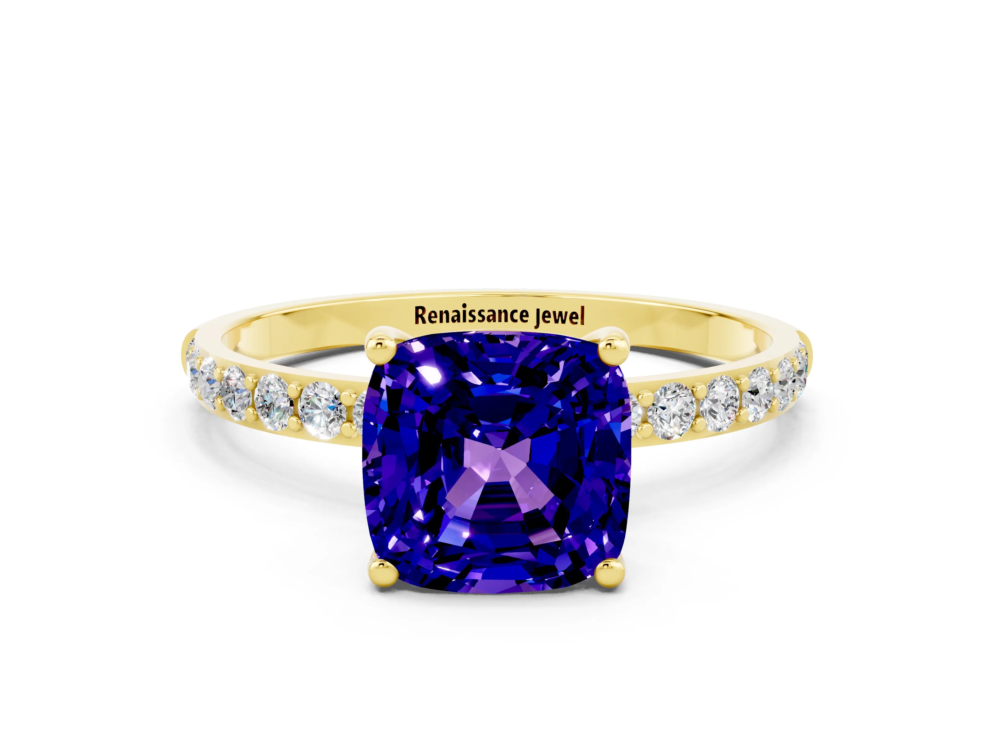 Yellow gold Cushion Cut Tanzanite Solitaire Ring with Pave Band and Four Prong Setting_24
