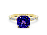 Yellow gold Cushion Cut Tanzanite Solitaire Ring with Pave Band and Four Prong Setting_24