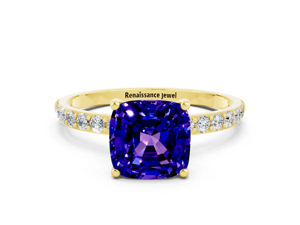 Yellow gold Cushion Cut Tanzanite Solitaire Ring with Round  Pavé Band and Prong Setting