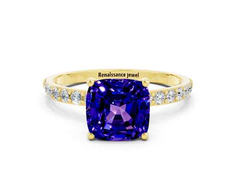 Yellow gold Cushion Cut Tanzanite Solitaire Ring with Pave Band and Four Prong Setting_24