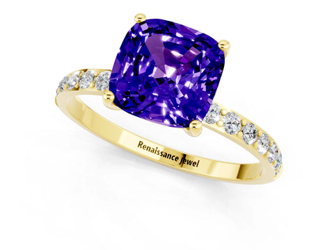 Yellow gold Cushion Cut Tanzanite Solitaire Ring with Pave Band and Four Prong Setting_25