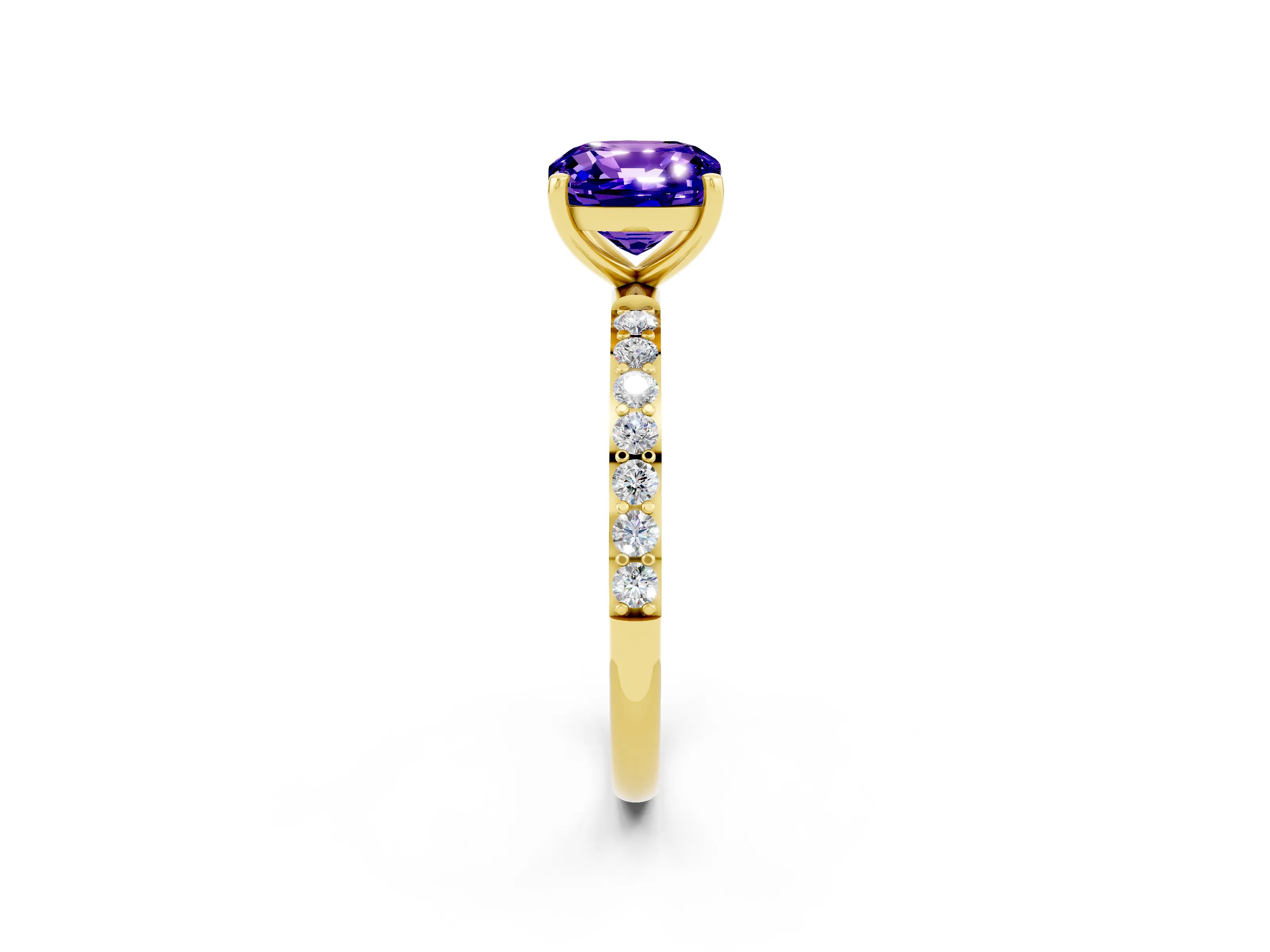 Yellow gold Cushion Cut Tanzanite Solitaire Ring with Pave Band and Four Prong Setting_26