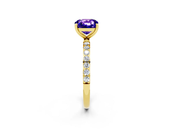 Yellow gold Cushion Cut Tanzanite Solitaire Ring with Round  Pavé Band and Prong Setting