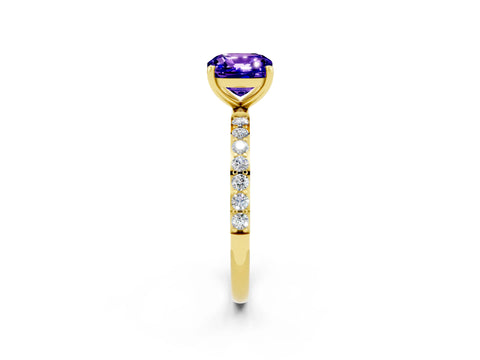 Yellow gold Cushion Cut Tanzanite Solitaire Ring with Pave Band and Four Prong Setting_26