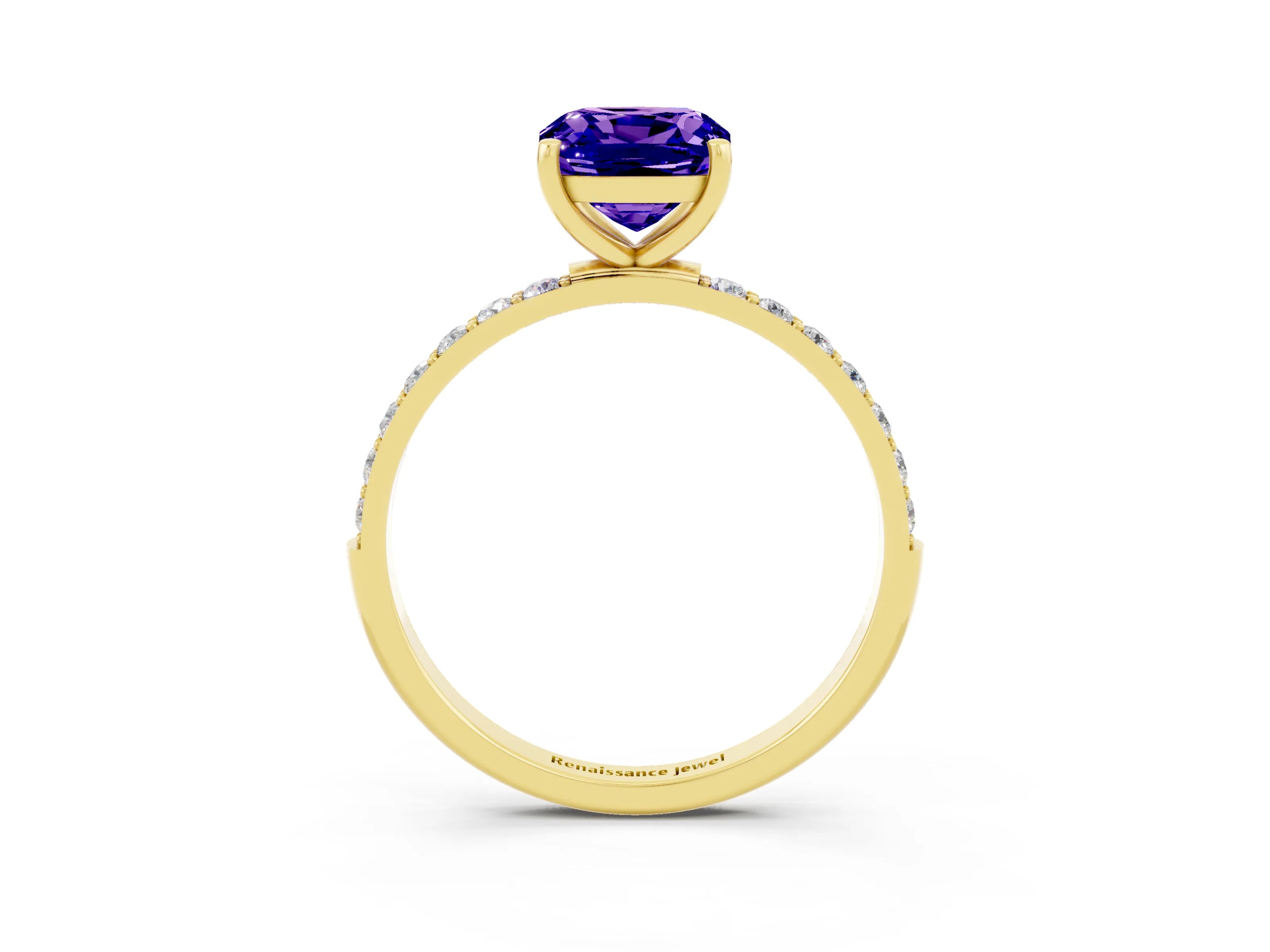 Yellow gold Cushion Cut Tanzanite Solitaire Ring with Pave Band and Four Prong Setting_27