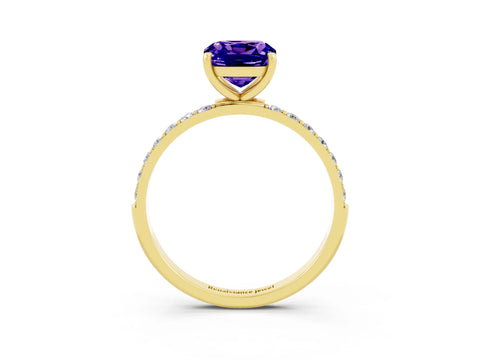Yellow gold Cushion Cut Tanzanite Solitaire Ring with Pave Band and Four Prong Setting_27