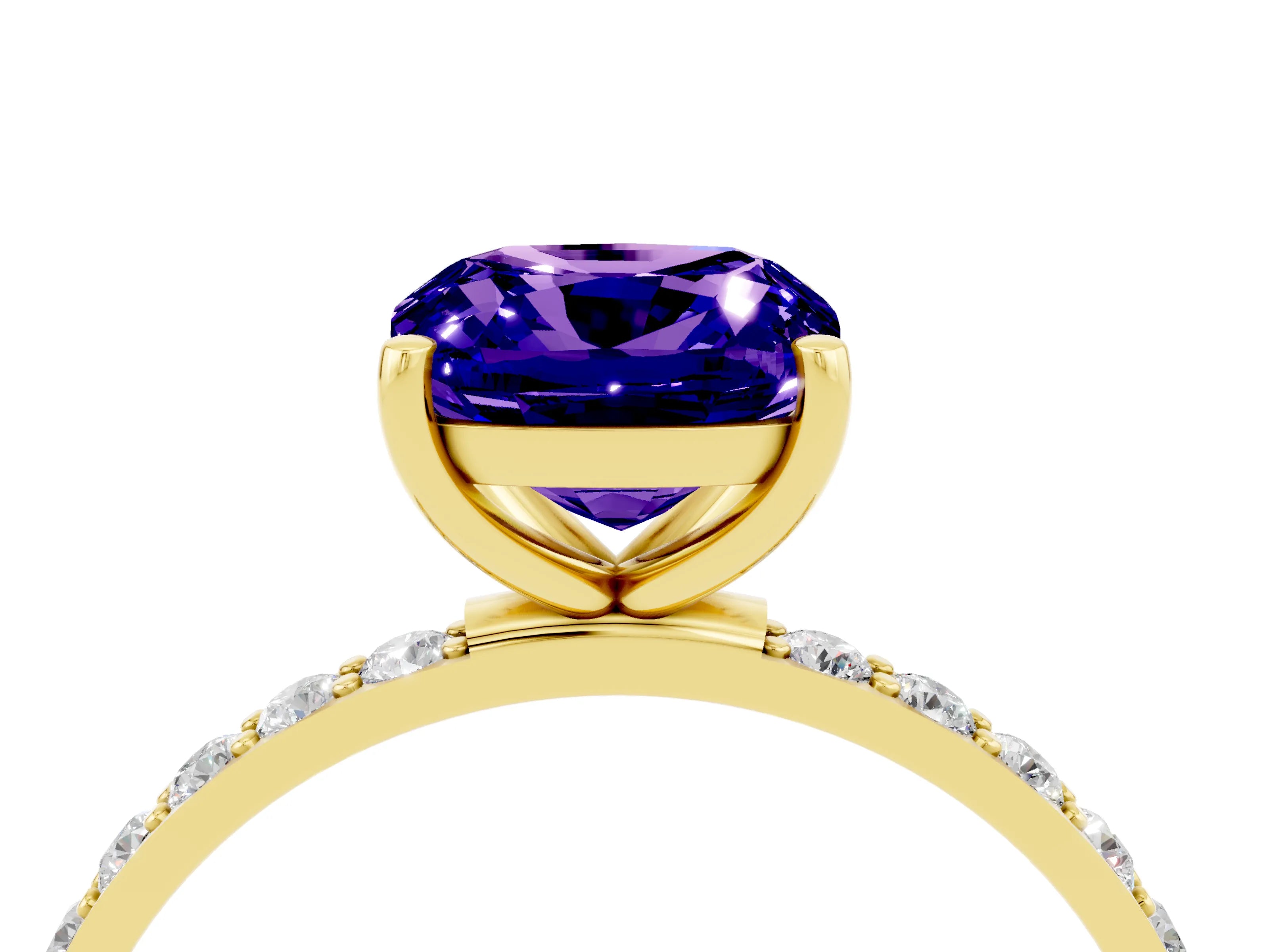 Yellow gold Cushion Cut Tanzanite Solitaire Ring with Pave Band and Four Prong Setting_28