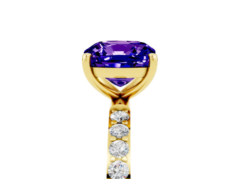 Yellow gold Cushion Cut Tanzanite Solitaire Ring with Pave Band and Four Prong Setting_29