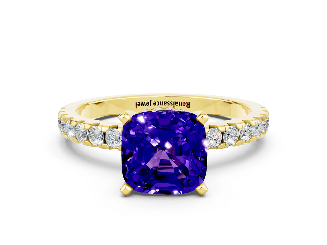 Yellow gold Cushion Cut Tanzanite Solitaire Ring with Round  Pavé Band and Four-Prong Setting_36