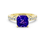 Yellow gold Cushion Cut Tanzanite Solitaire Ring with Round  Pavé Band and Four-Prong Setting_36