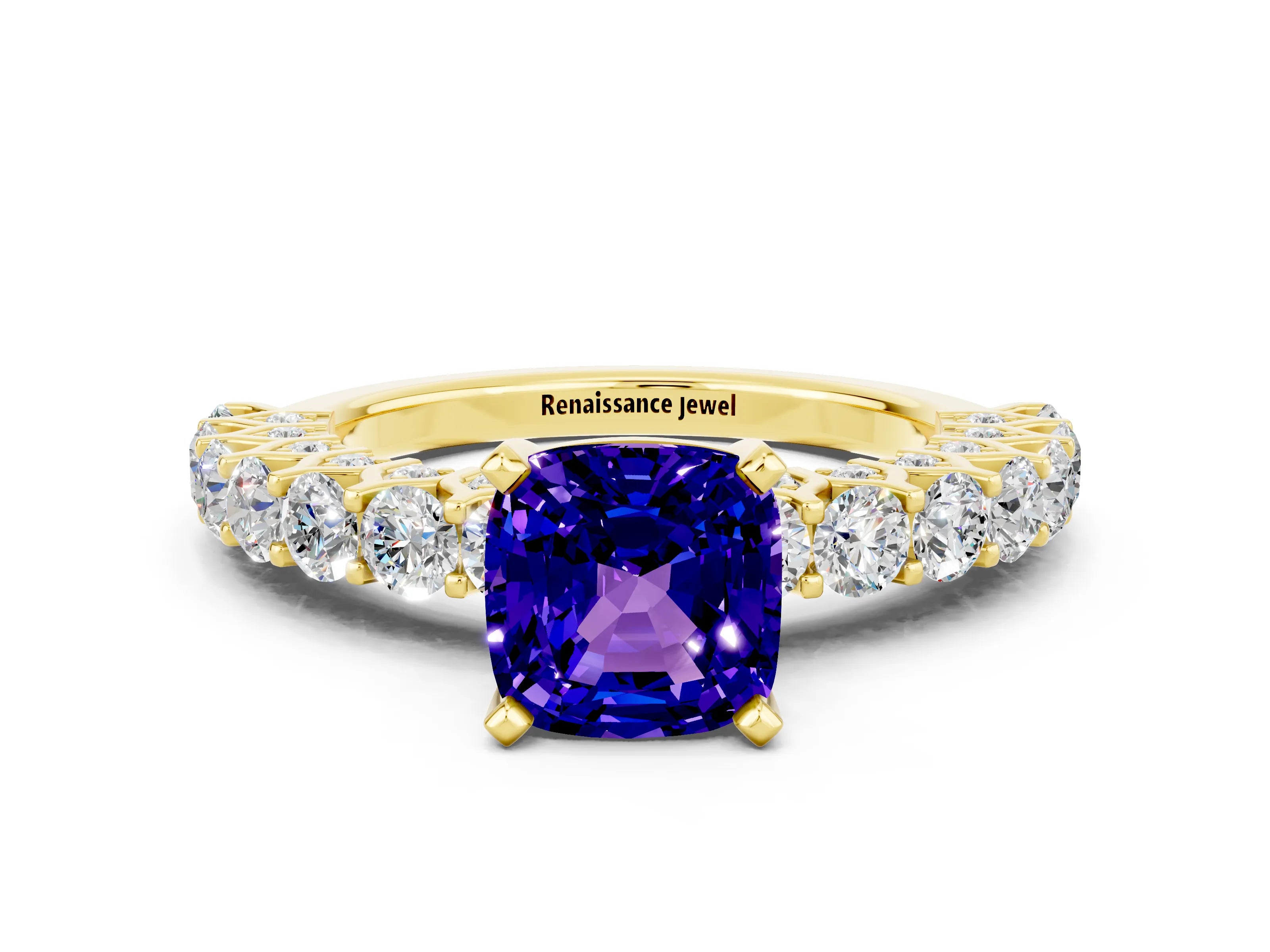 Yellow gold Cushion Cut Tanzanite Solitaire Ring with Shared Prong Pavé Band and Four-Prong Setting