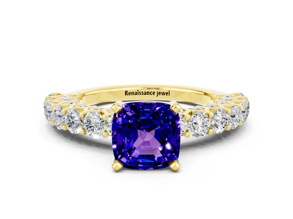 Yellow gold Cushion Cut Tanzanite Solitaire Ring with Shared Prong Pavé Band and Four-Prong Setting