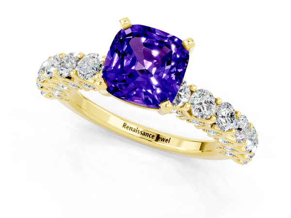 Yellow gold Cushion Cut Tanzanite Solitaire Ring with Shared Prong Pavé Band and Four-Prong Setting