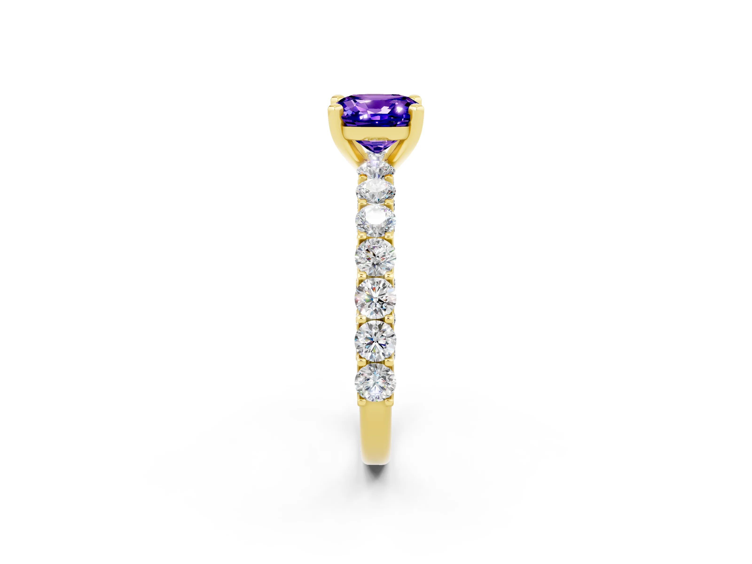 Yellow gold Cushion Cut Tanzanite Solitaire Ring with Shared Prong Pavé Band and Four-Prong Setting_2