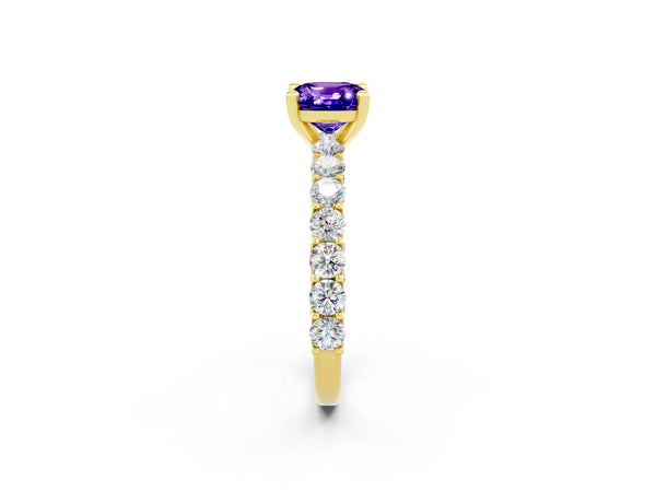 Yellow gold Cushion Cut Tanzanite Solitaire Ring with Shared Prong Pavé Band and Four-Prong Setting