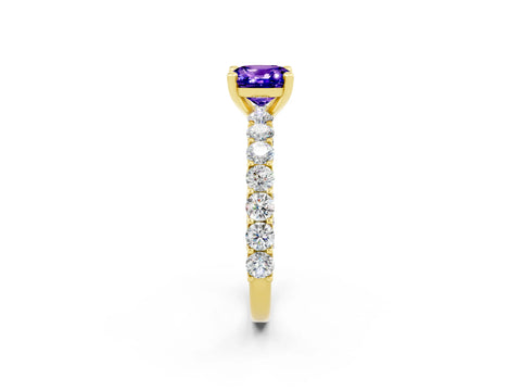 Yellow gold Cushion Cut Tanzanite Solitaire Ring with Shared Prong Pavé Band and Four-Prong Setting_2