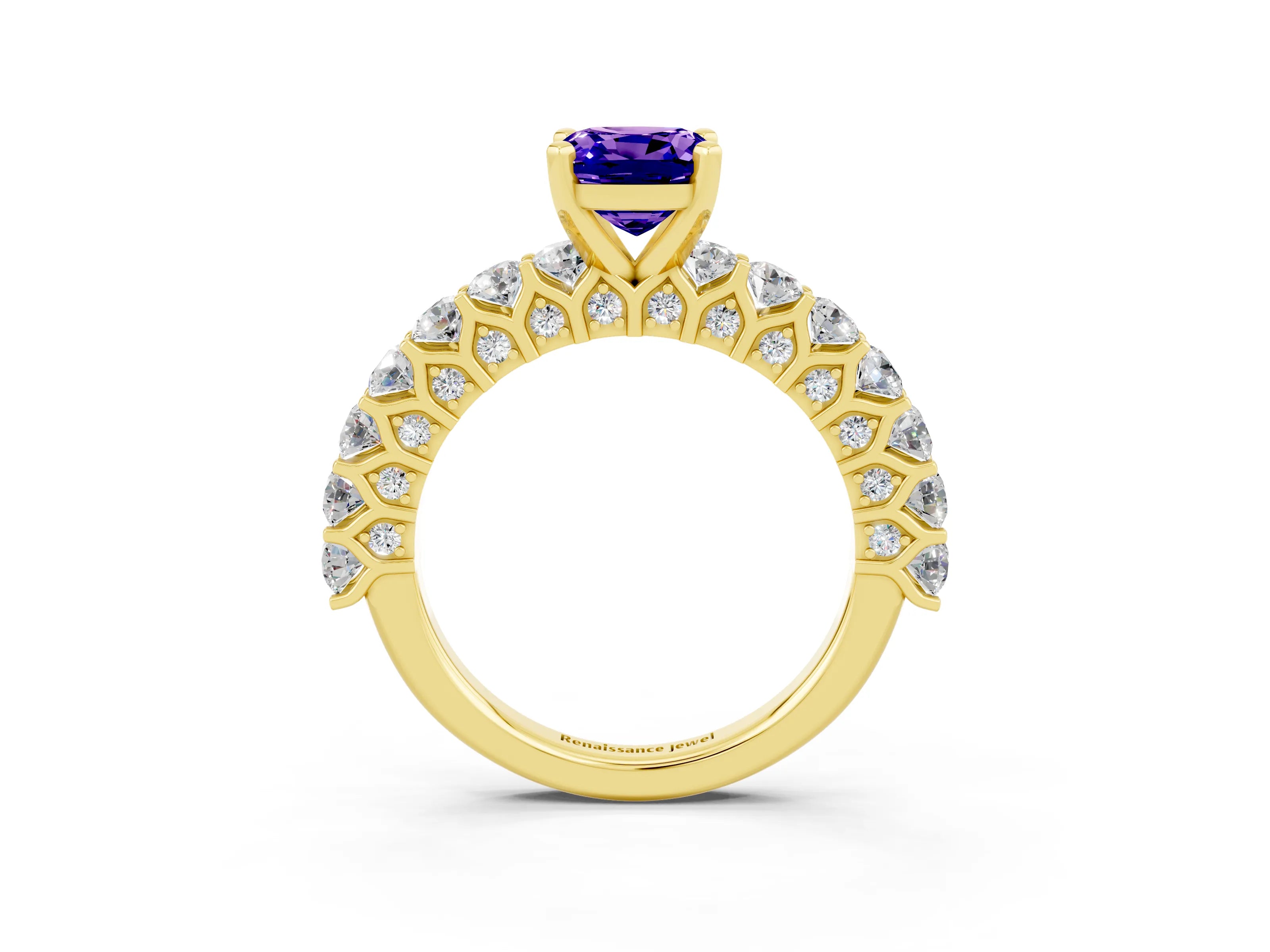 Yellow gold Cushion Cut Tanzanite Solitaire Ring with Shared Prong Pavé Band and Four-Prong Setting_3