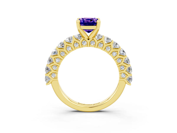 Yellow gold Cushion Cut Tanzanite Solitaire Ring with Shared Prong Pavé Band and Four-Prong Setting