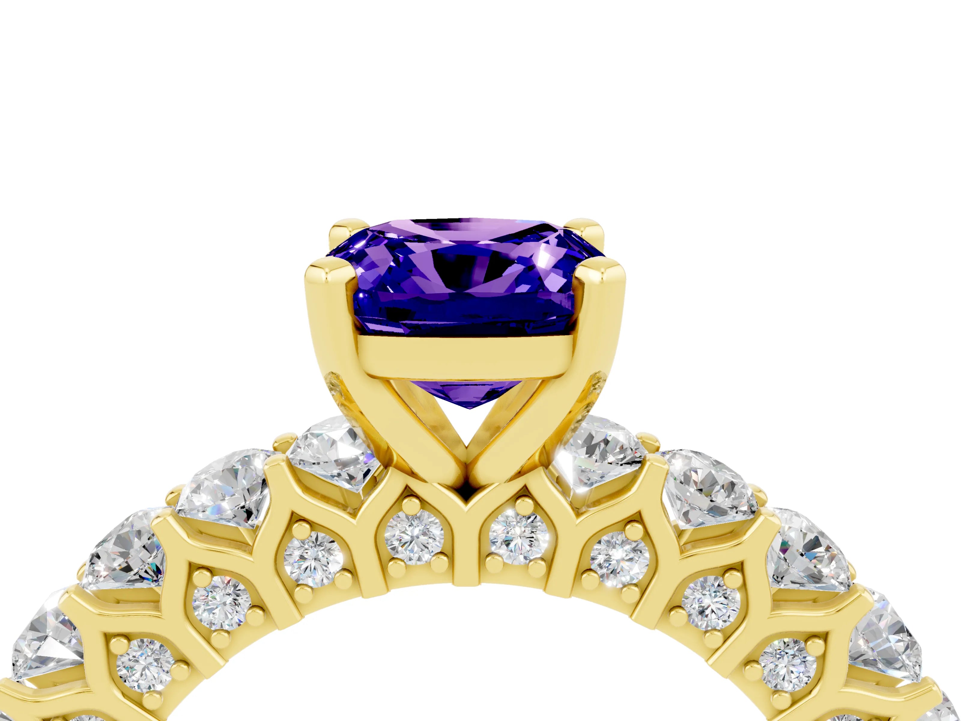 Yellow gold Cushion Cut Tanzanite Solitaire Ring with Shared Prong Pavé Band and Four-Prong Setting_4