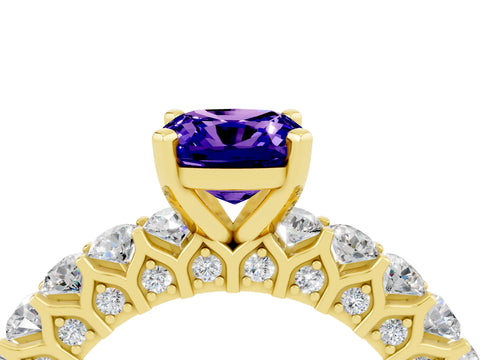 Yellow gold Cushion Cut Tanzanite Solitaire Ring with Shared Prong Pavé Band and Four-Prong Setting_4