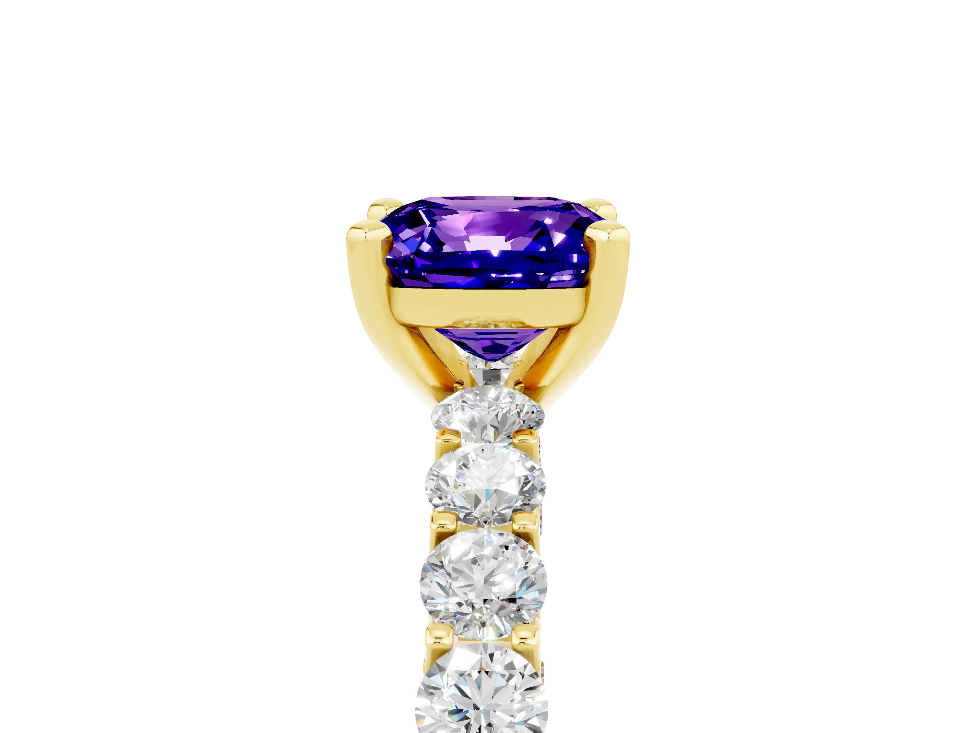 Yellow gold Cushion Cut Tanzanite Solitaire Ring with Shared Prong Pavé Band and Four-Prong Setting_5