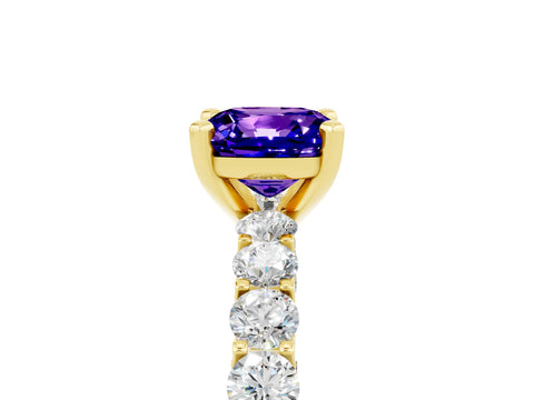 Yellow gold Cushion Cut Tanzanite Solitaire Ring with Shared Prong Pavé Band and Four-Prong Setting_5