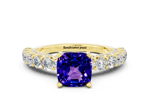Yellow gold Cushion Cut Tanzanite Solitaire Ring with Shared Prong Pavé Band and Four-Prong Setting