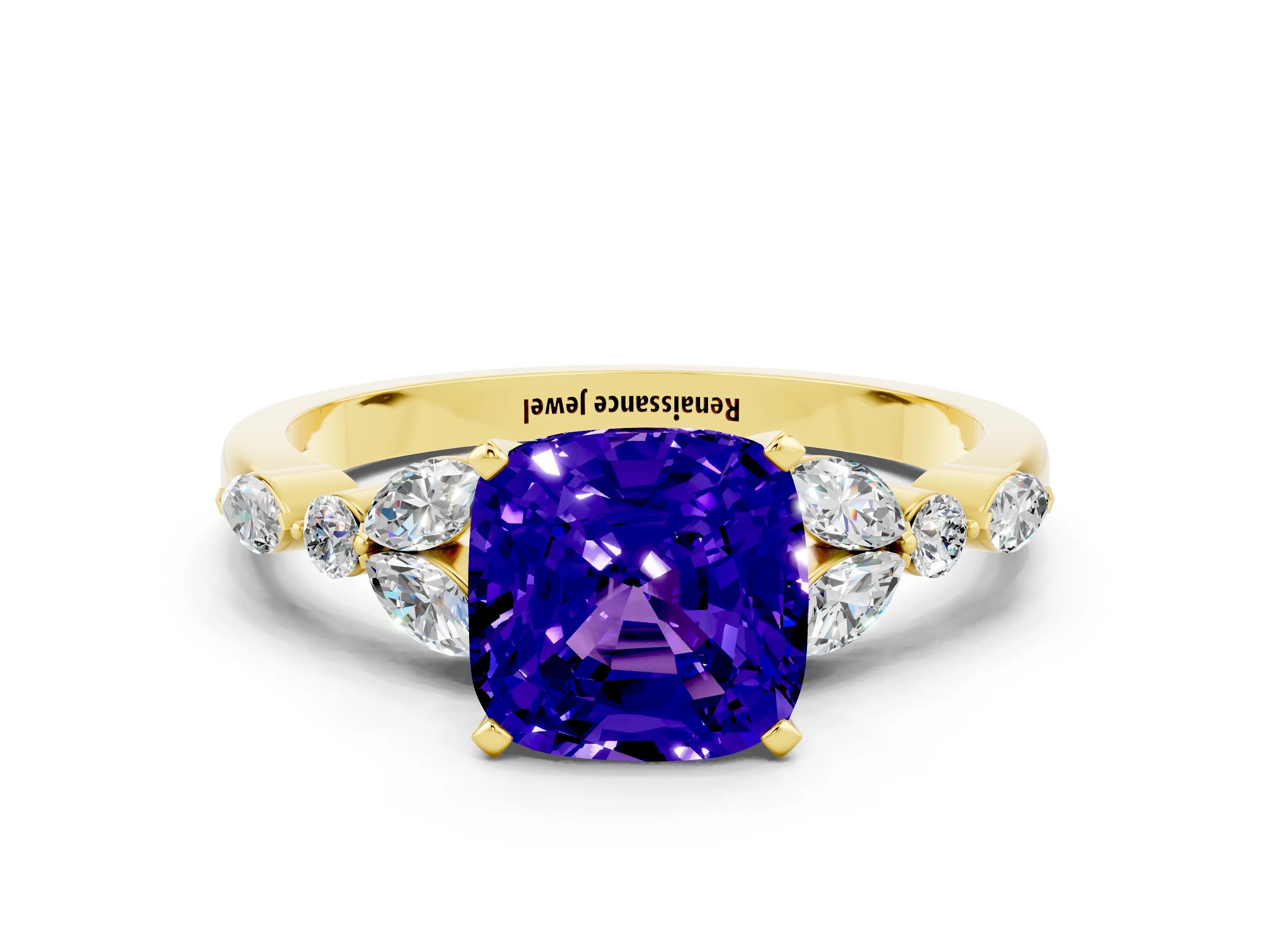 Yellow gold Cushion Cut Tanzanite Solitaire Ring with Side Stones and Four-Prong Setting_12